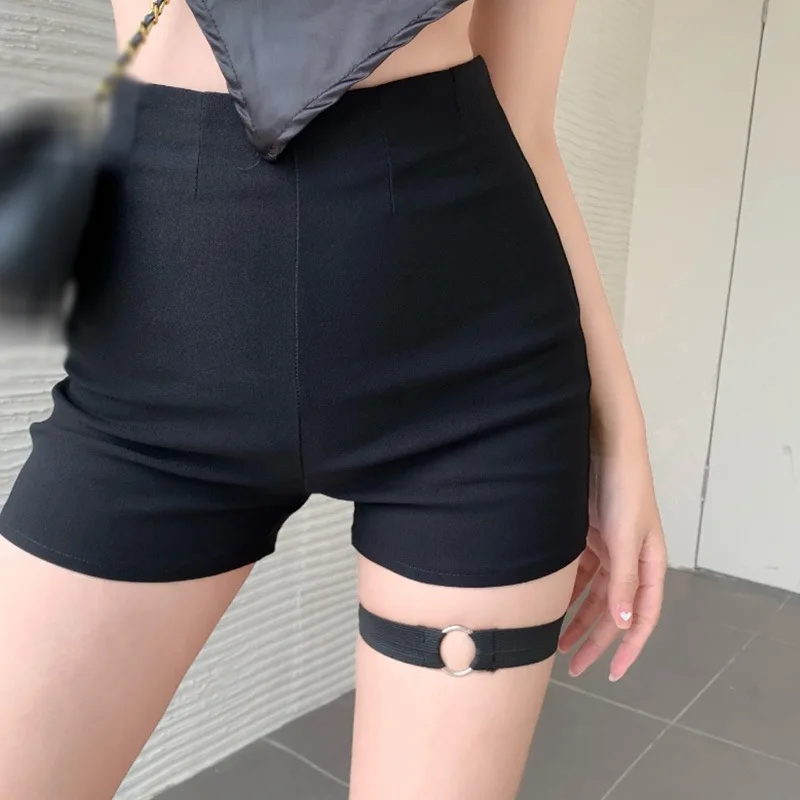 شورت نسائي عالي الخصر من البوليستر ، أحادي اللون ، أسود ، ضيق ، مثير ، ورك ، مرن ، نحيف ، حلقة ، بنطلون نسائي ، الصيف #4