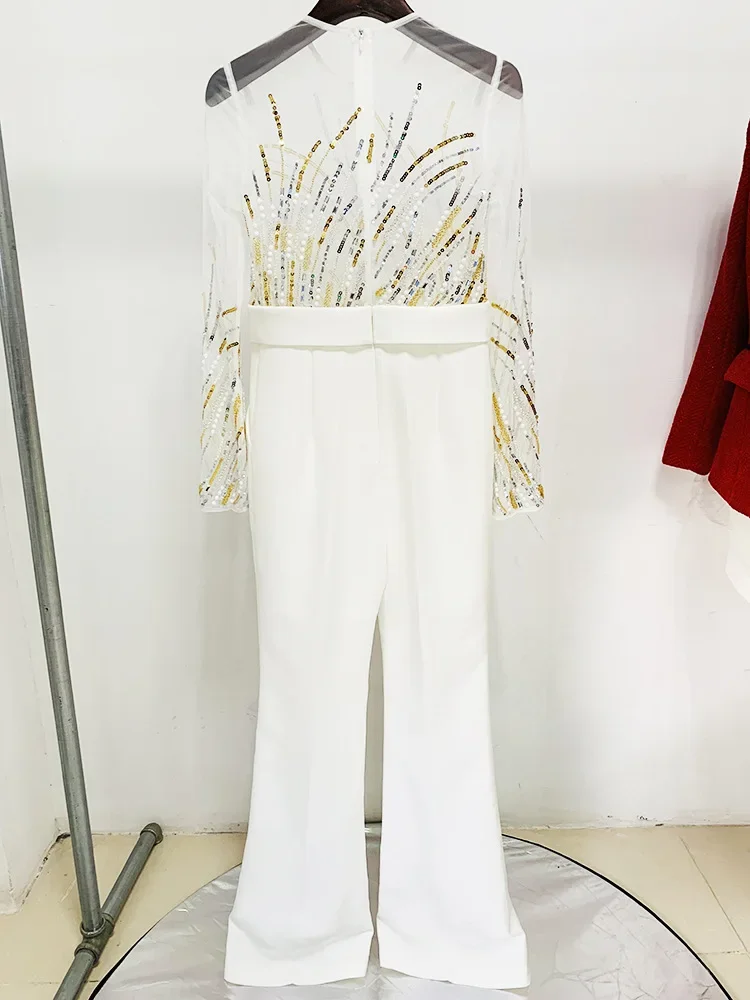 HIGH STREET Newest 2024 Designer Runway Fashion Women\'s Mesh Splicing Sequin Diamonds Beaded Jumpsuit