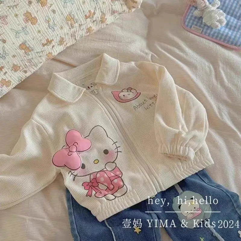 Jaqueta de manga comprida infantil, blusa casual do gato Kawaii, zíper de lapela doce, primavera e outono