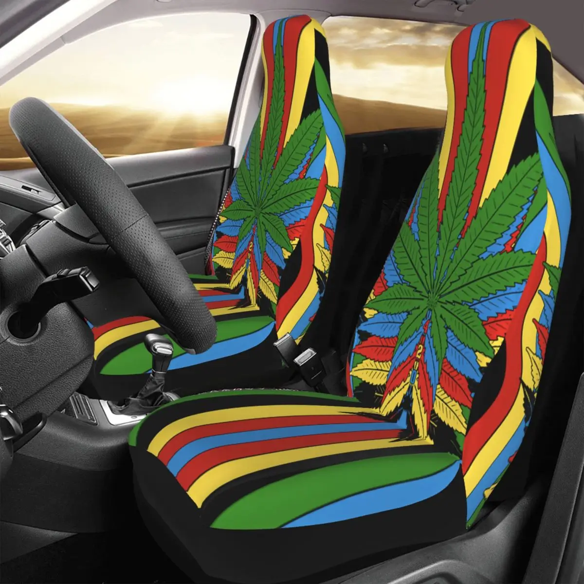 

Marijuana Leaf Color Flux Car Seat Cover Custom Printing Universal Front Protector Accessories Cushion Set