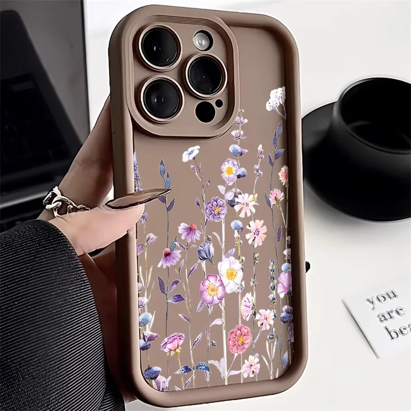 Purple Flower Phone Case For iPhone 13 Case iPhone 15 Pro 11 12 14 16 Pro Max X XR XS 7 8 Plus SE Shockproof Matte Cover Coque