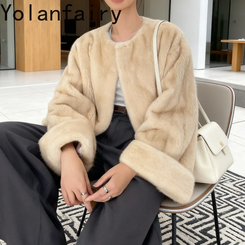 YOLANFAIRY 천연 모피 코트 여성용 럭셔리 겨울 진짜 밍크 퍼 자켓 우아한 O넥 퍼 코트 여성용 자켓