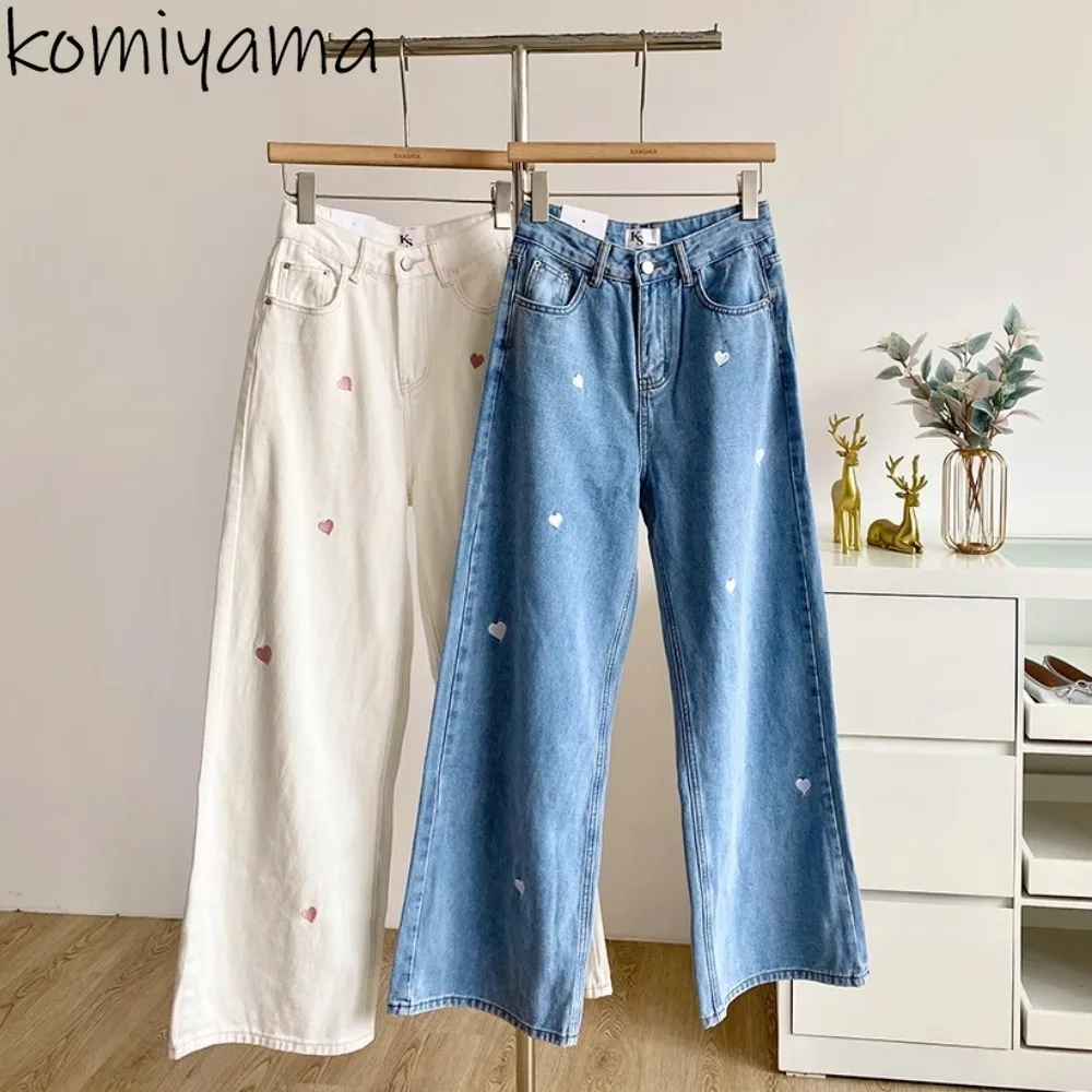 

Heart Embroidery Pantalones Denim Ropa De Mujer High Waist Wide Leg Pants Korean Style Straight Pant Sweet Woman Clothes