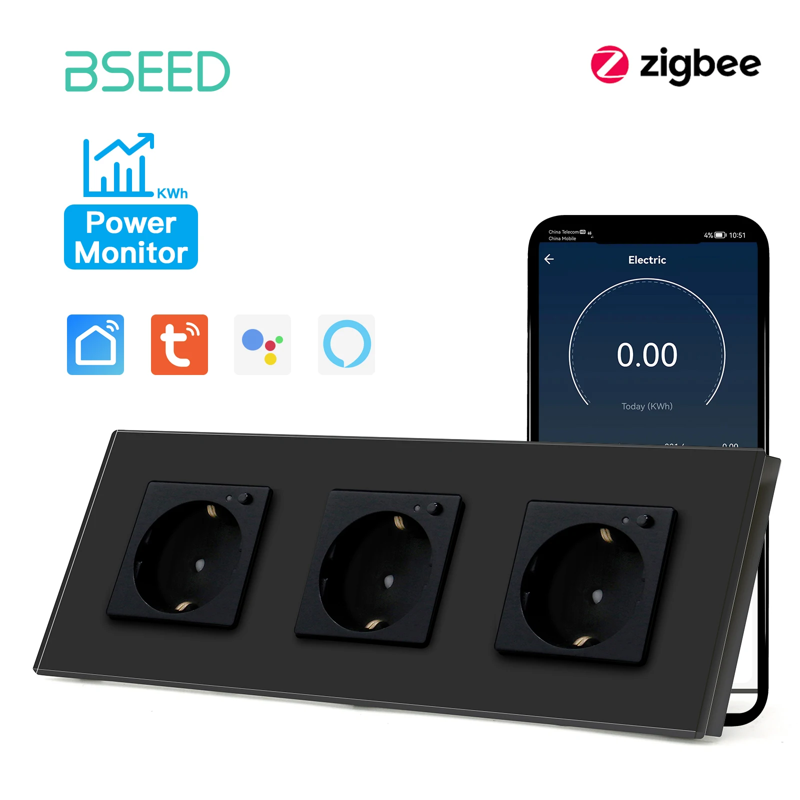 Bseed eu zigbee energie monitor wand steckdose kristallglas rahmen doppel smart outlets google home alexa smart life sprach steuerung