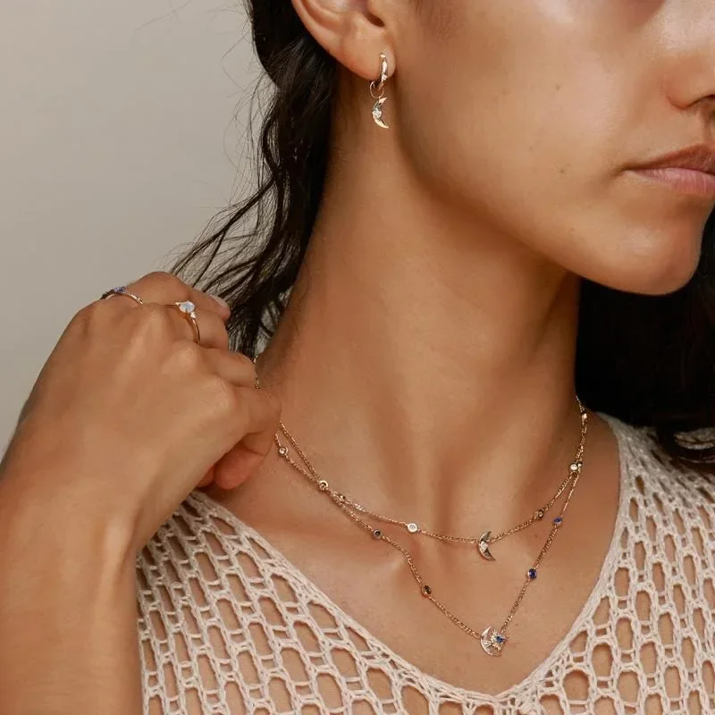 New Stainless Steel Starand Moon Sapphire Necklace Women\'s Retro Geometric Gold Plated Zircon Necklace Party Jewelry