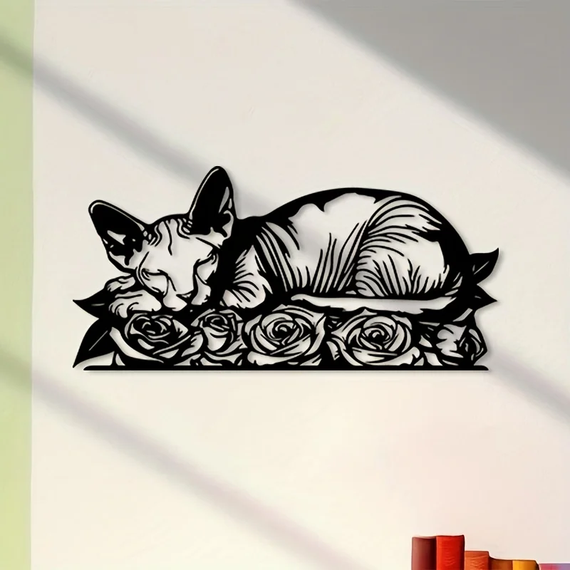 Brand Sphynx Cat Metal Wall Art Rustproof Iron Rose Statue Mural Decor Living Room Garden Cat Lovers