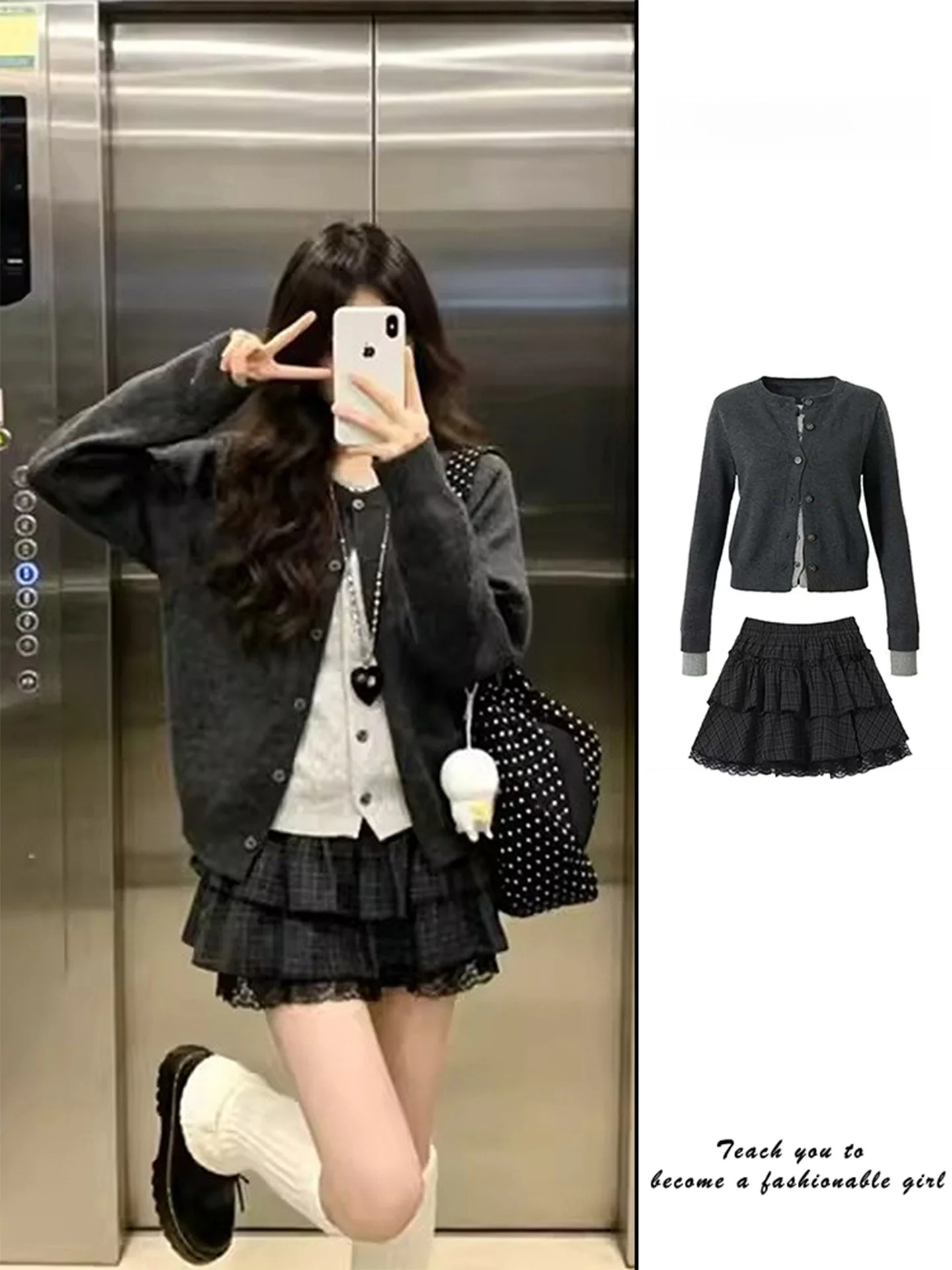 

Korean Style Grey Knitted Sweater And Plaid Skirt Set Women's Fashion Spring Autumn Two-Piece Ensemble Warm And Comfortable