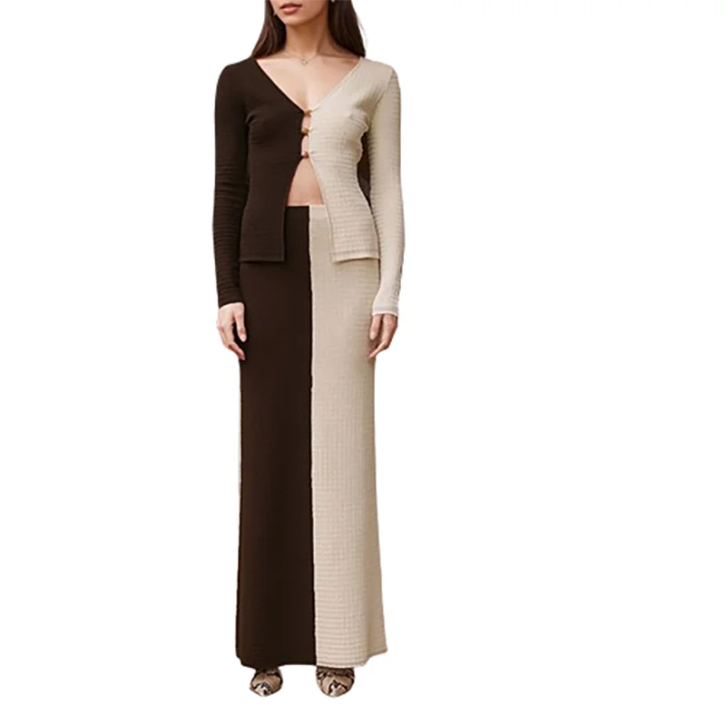 Elegant V-neck Long Sleeve Blouse with Skirt Set Women Fashion Color Clashing Slim 2 Piece Outfits Sexy Hollow Long Skirt Suits