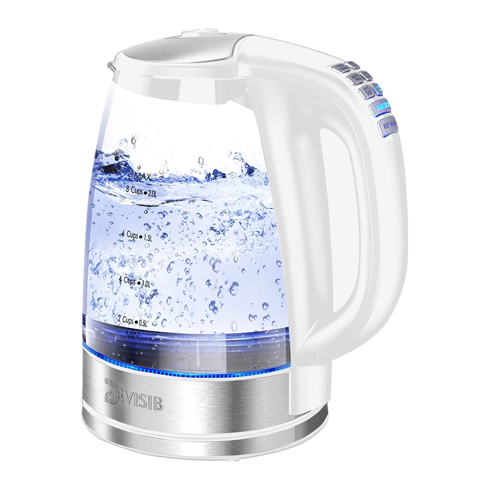 DEVISIB Elektrischer Wasserkocher aus Glas, 2200 W, schnell kochend, Temperaturregelung, 4-Stunden-Warmhalte, 2,0 l Teekessel und Warmwasserboiler 4