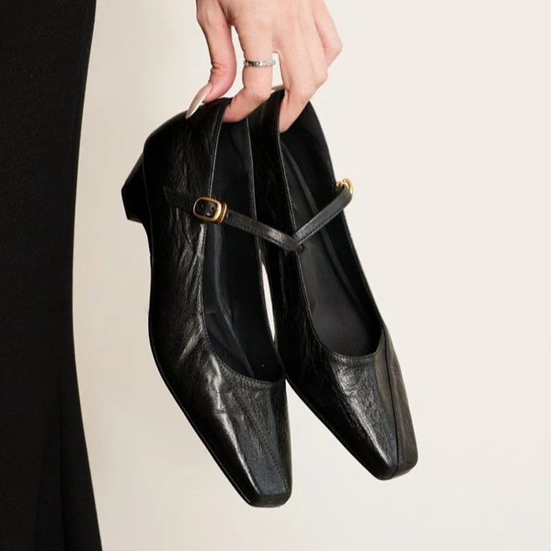 Women Heeled Mary Jane Shoes Chunky Leather Shoes Summer 2026 Luxury New Sandals Shallow Shoes Work Buckle Walking Mujer Zapatos