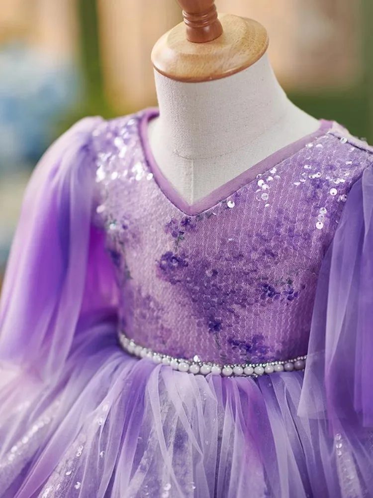 High-End Children's Princess Evening Gown Pearls Sequin Design Kids Wedding Birthday Baptism Eid Party Girls Perform Dress A3439 image 5