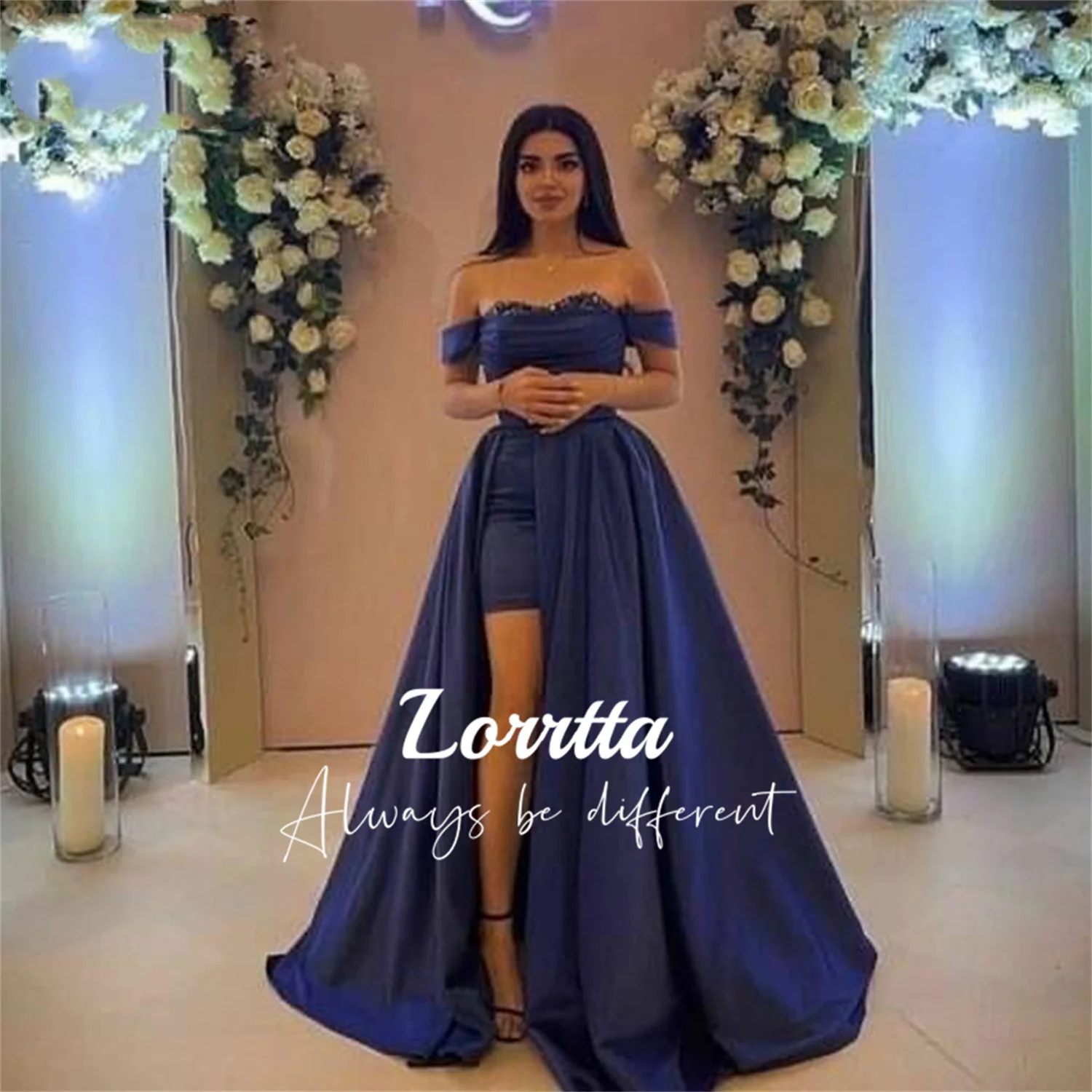 

Lorrtta Off the Shoulders Sweetheart Neckline Detachable Skirt Lace Side Slit Purple Satin Ground-length Party Dresses Prom Gala