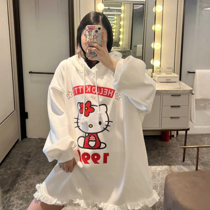 Sanrio Hello Kitty Trendy Mid Length Oversized Top Shirts Hooded Women Cute Loose Pullovers Y2k Autumn Winter Ruffled Hoodies