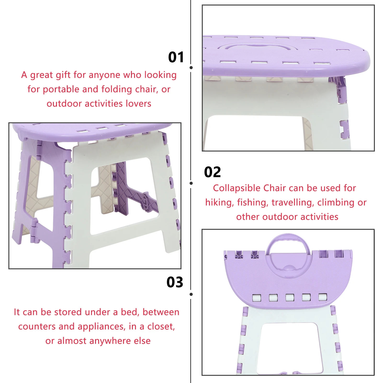 

Plastic Folding Chair Outdoor Lightweight Collapsible Beach Seat Anti-Slip Pads Hiking Travel Fishing Camping Purple