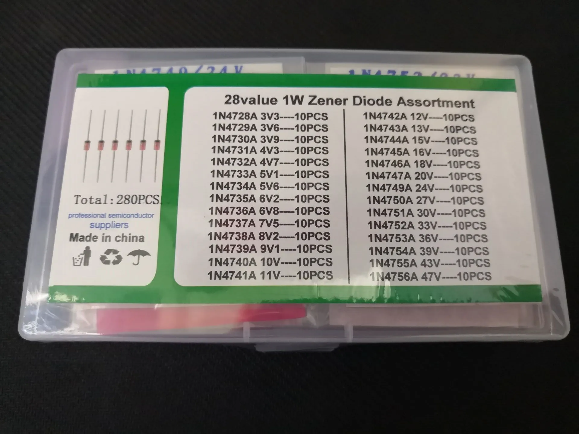 280PCS 1W Zener Didoe Kit Box 28Values*10pcs 1N/IN 4728 4729/3.6v 4730/3.9v 4731/4.3v 4732/4.7v 4733/5.1v 4734/5.6v ... 3.3V-47V