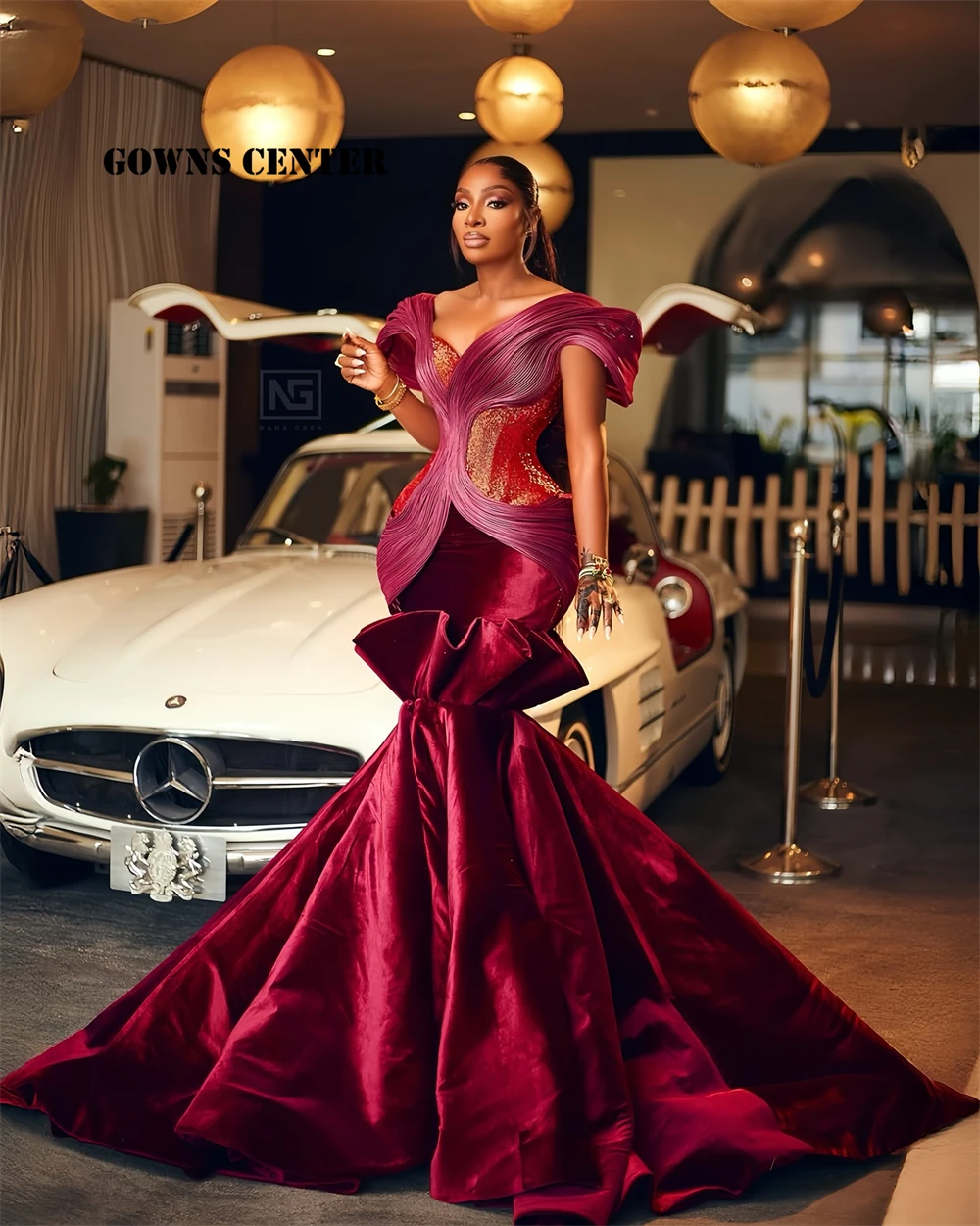 Enchanting Burgundy Velvet Train Aso Ebi Evening Dress Africa Party Dress Women Ruched Mermaid Formal See Thru Corset Customized