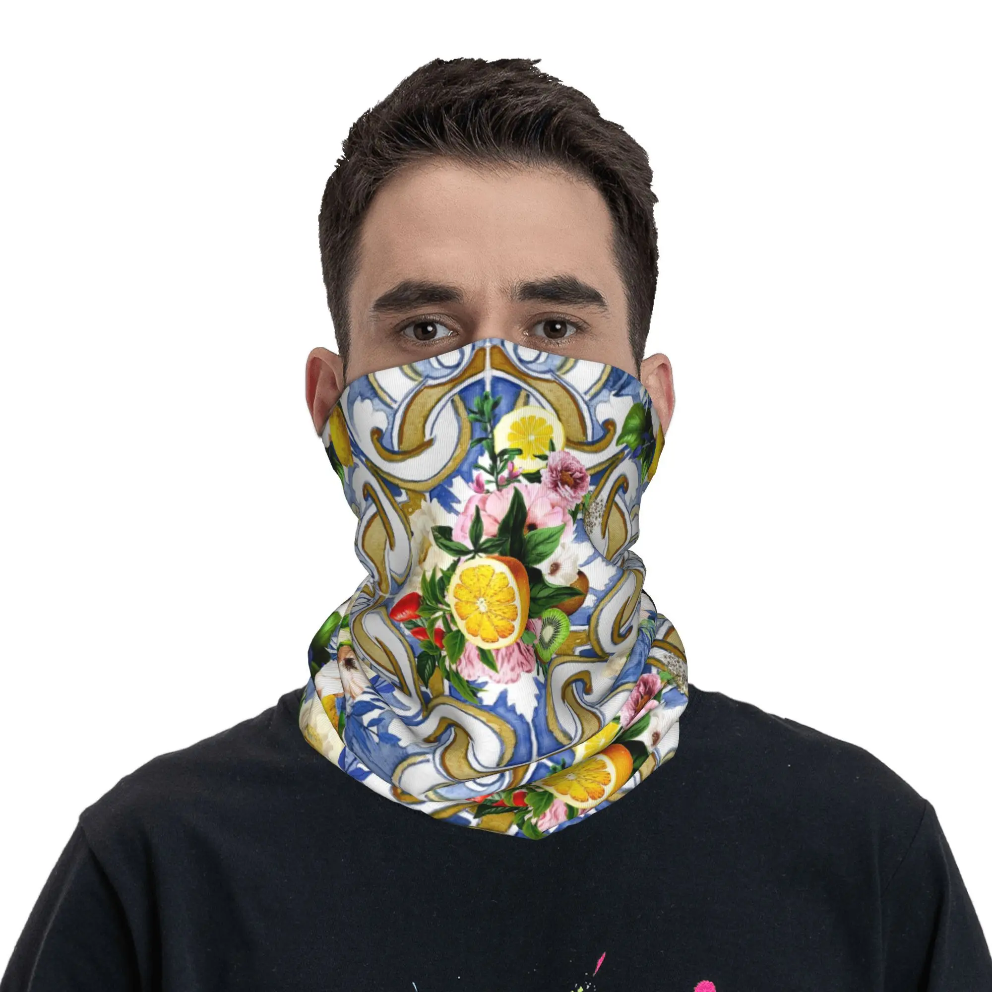 

Sicilian tiles,mediterranean,mosaic,lemons, Bandana Neck Gaiter Printed Mask Scarf Cycling Scarf Cycling For Men Women Washable