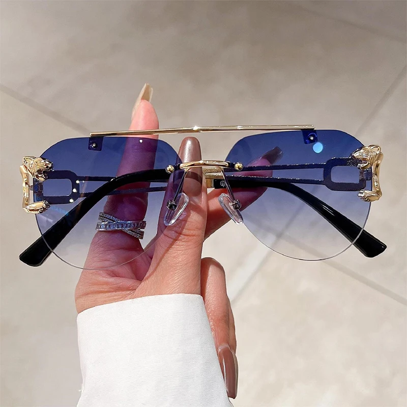 KAMMPT Vintage Rimless Men Sunglasses Trendy Pilot Gradient Outdoor Blue Shades Fashion Brand Women Sun Glasses for Driving