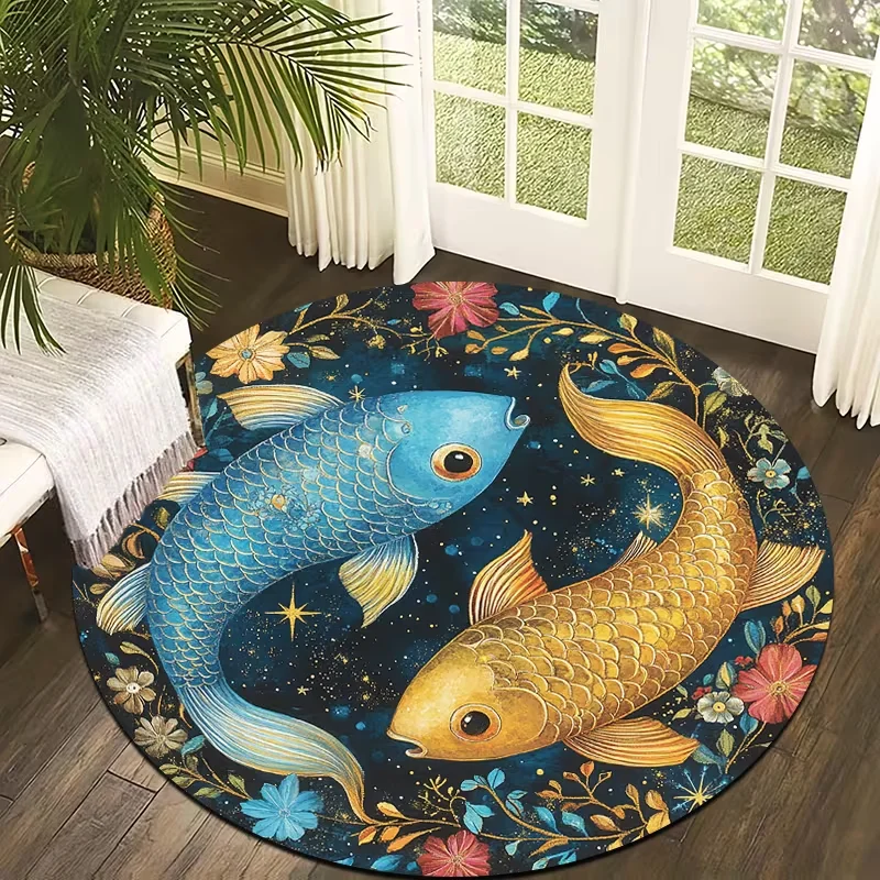 Japanese Illustration Style Koi Fish Round Area Rug Traditional Asian Koi Carp Wave Print Carpet Soft Non-Slip Circular Mat
