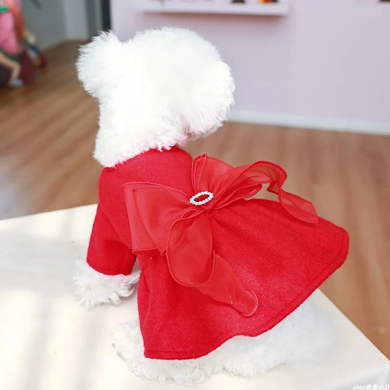 1PC pet clothing autumn and winter thickened new year red diamond bow princess skirt suitable for small and medium-sized dogs