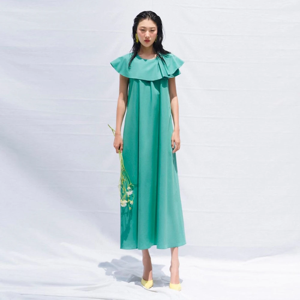 

Muloong Green O Neck Satin Maxi Dress Haute Coutune Formal Gown Cape Sleeves Ankle Length A Line Ruffles Casual Evening Gown