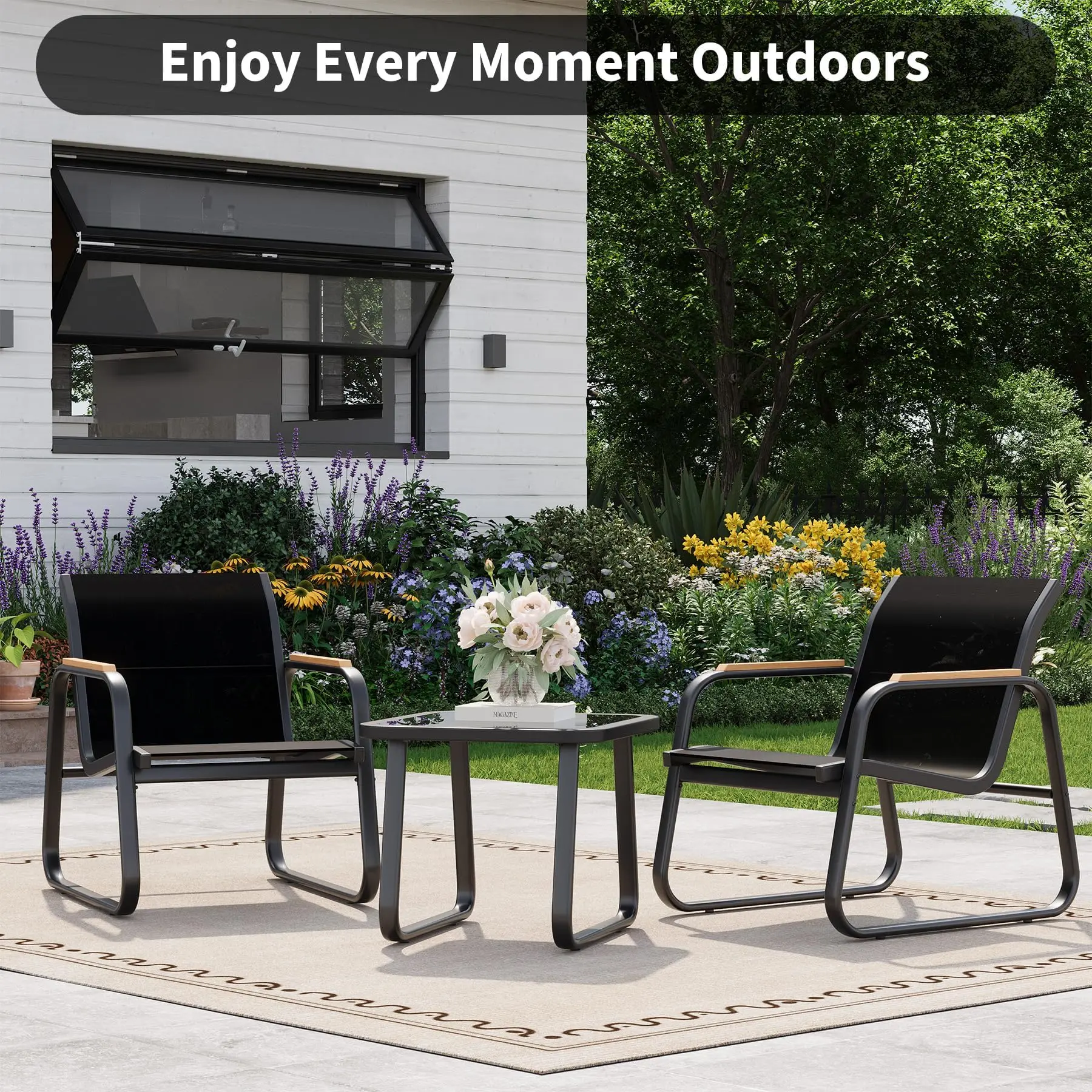 Ensemble bistro d'extérieur 3 pièces avec 2 fauteuils en maille respirante et table d'appoint en verre, mobilier de jardin, ensemble de salle à manger pour balcon, jardin, terrasse au bord de la piscine