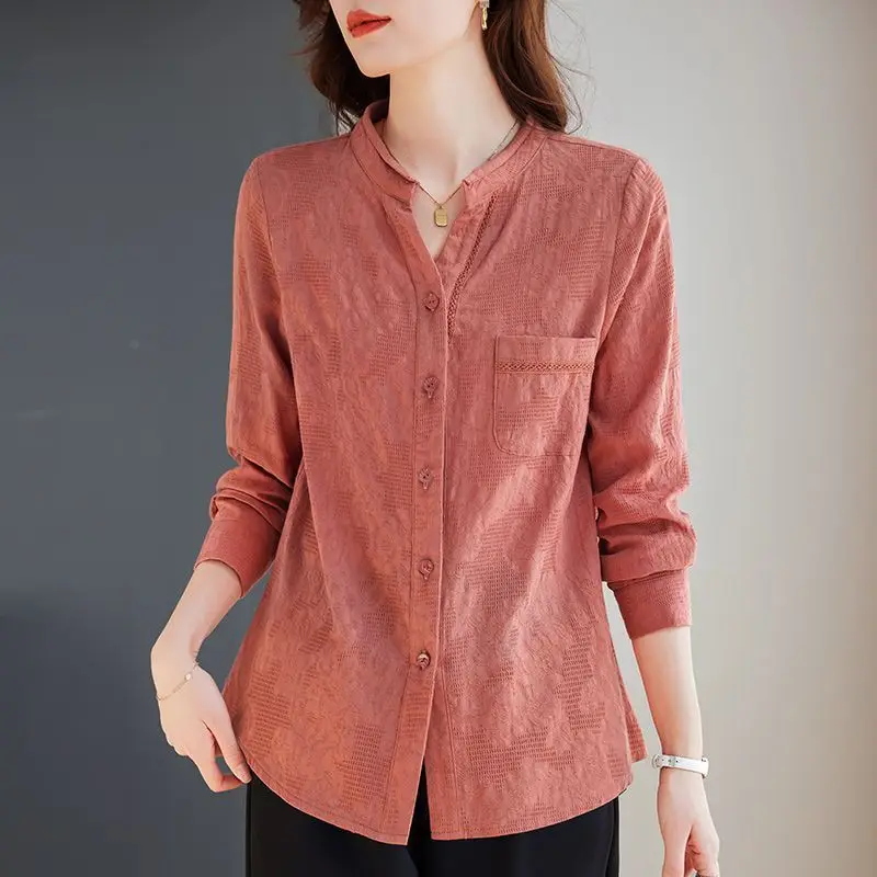 

Cotton Large Size Long Sleeve Women's Shirt New Spring Autumn Thin Style Middle-aged Mother's Loose Casual V-neck Stylish Top