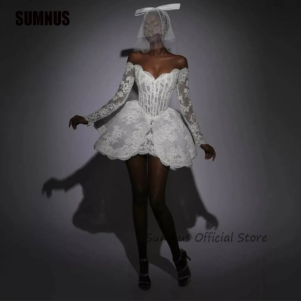 

SUMNUS Sexy Short A Line Wedding Party Dresses White Lace Off Shoulder Bridal Gowns Chic Prom Dress Vestido de Gala Customized