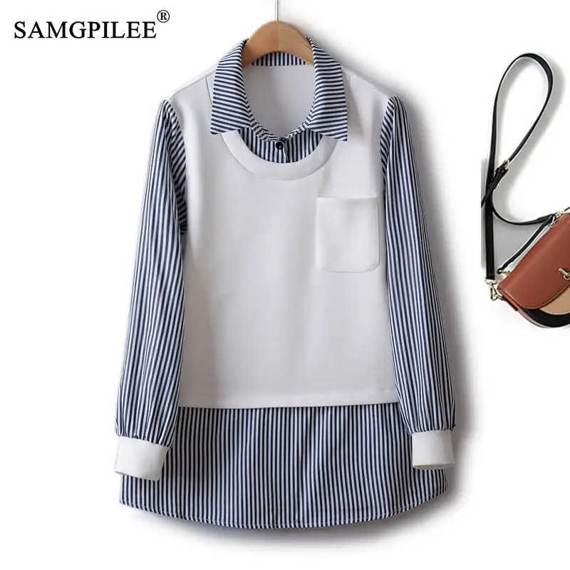 

Tops Women 2023 Spring New Fake Two-piece Vertical Turn Down Collar Air Cotton T-shirt With Long Sleeves Contrast Color Blouse