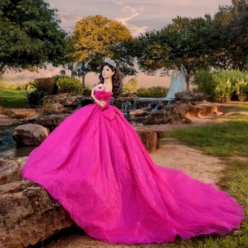 

rose pink Quinceanera Dress off-shoulder Lace layering crystal Bow decal Long tail vestidos de 15 Quinceanera ﻿Customize