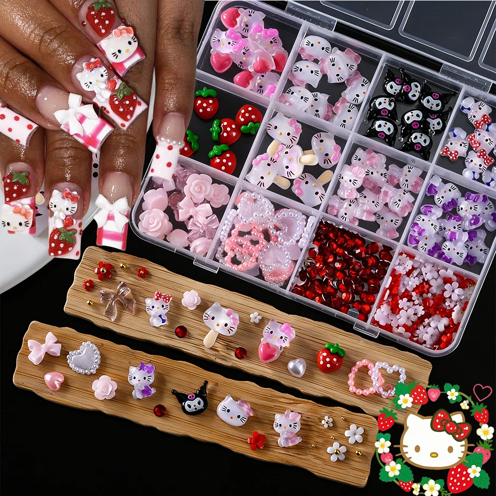 

12grids Cute Hello Kitty Kuromi Resin Nail Art Charms Cartoon Strawberry Pearl Bow Heart Nail Art Decorations Manicure Accessory