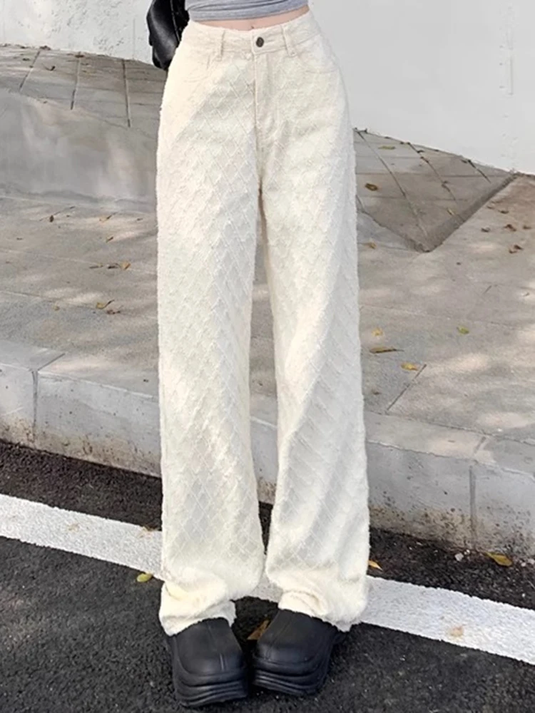 

Woman High Waist Loose Rhombus Plaid Trousers Girls Fashion Jacquard Weave Jeans Lady Apricot Slacks Korean Denim Wide Leg Pants