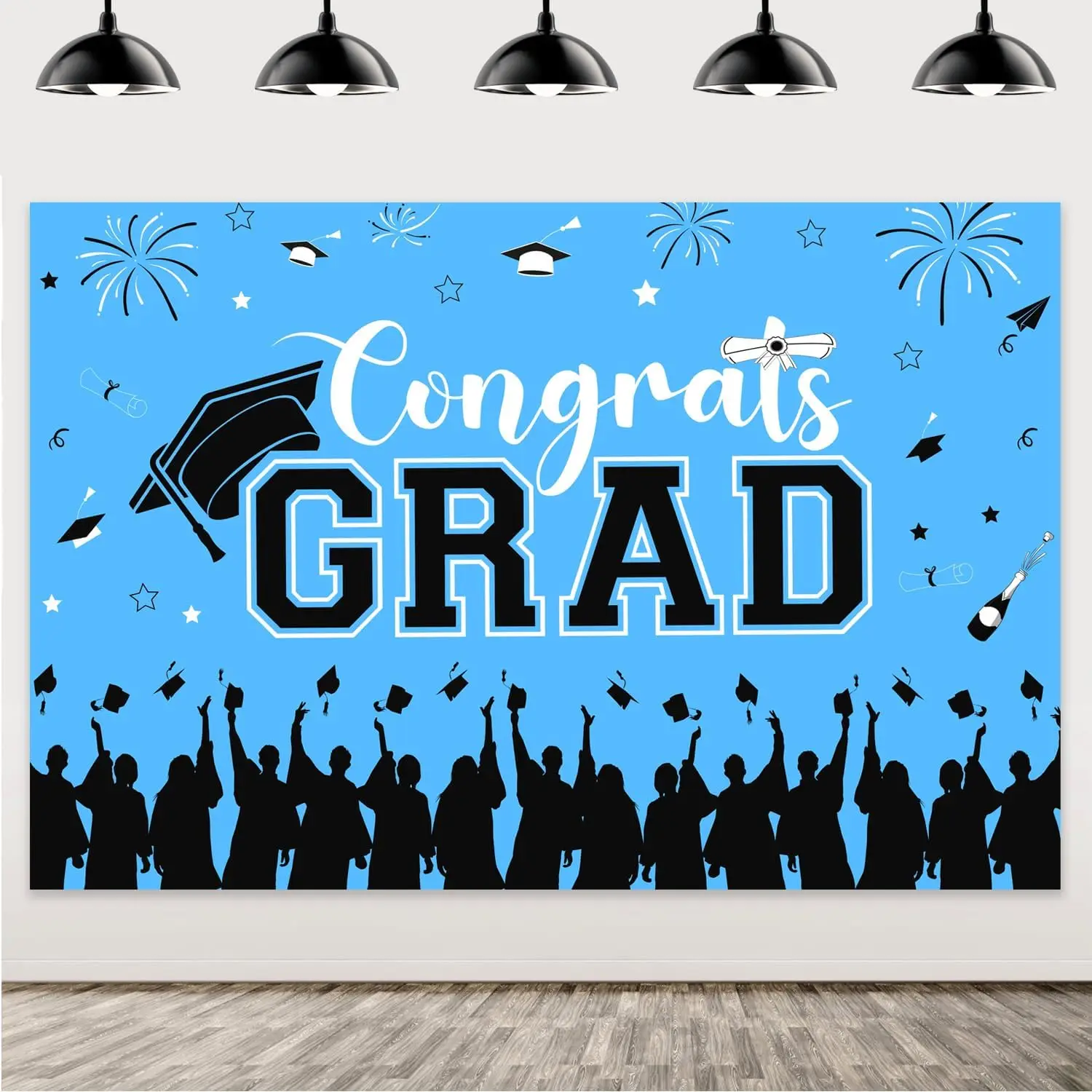 

5*3ft 2025 Deep Blue Congrats Grad Graduation Backdrop Glitter Printed Bachelor Cap Photography Background for Grad Congrat Prom