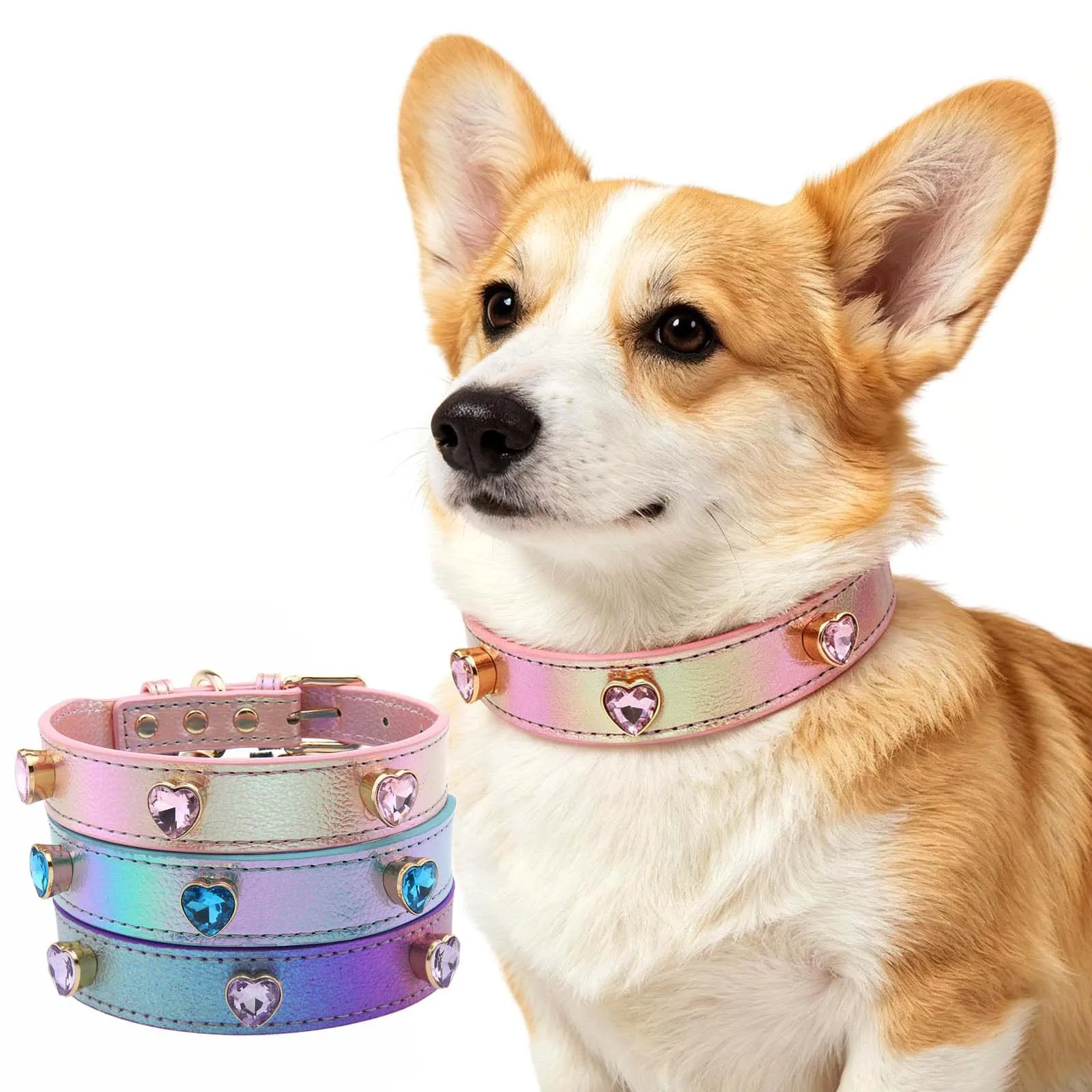 Pet collar gradient symphony PU love rhinestone cat and dog collar high-end pet jewelry collar