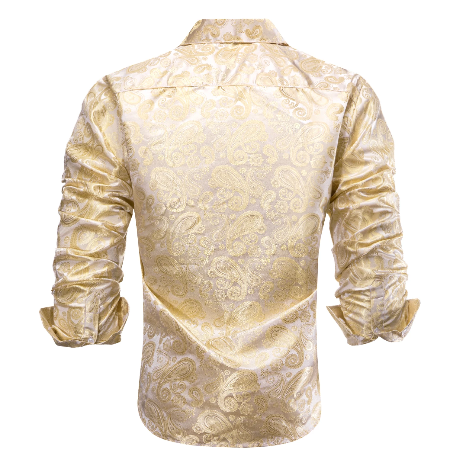 Hi-Tie Light Color Silk Summer Mens Shirts Lapel Collar Hawaii Long Sleeve Dress Shirt Breathable Blouse for Male Wedding Office