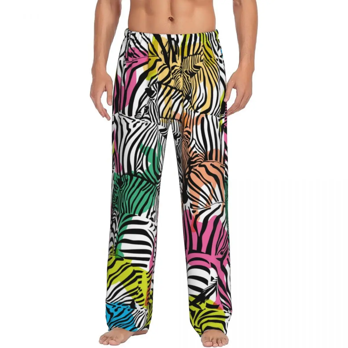 Zebra With Colorful Wildlife Animals Pajama Pants Sleepwear for Men Elastic Waistband Sleep Lounge Bottoms with Pockets