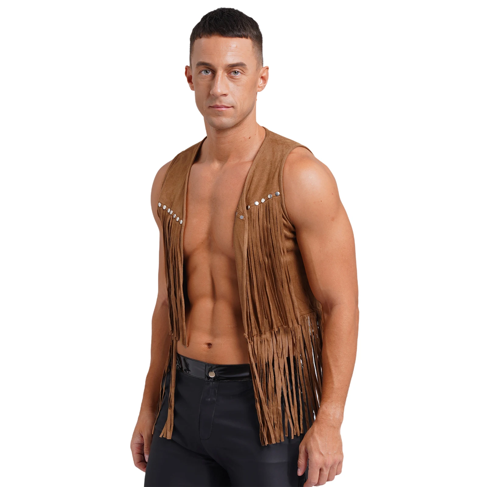 Mens Faux Suede Tassel Vest Fashion Rivets Fringe Waistcoat Open Front Sleeveless Jacket Western Cowboy Vest for Music Festival