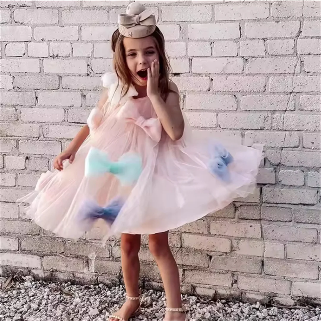 Baby Girl Princess Bow Tulle Dress Sleeveless Infant Toddler Child Gauze Tulle Vestido Party Pageant Birthday Baby Clothes