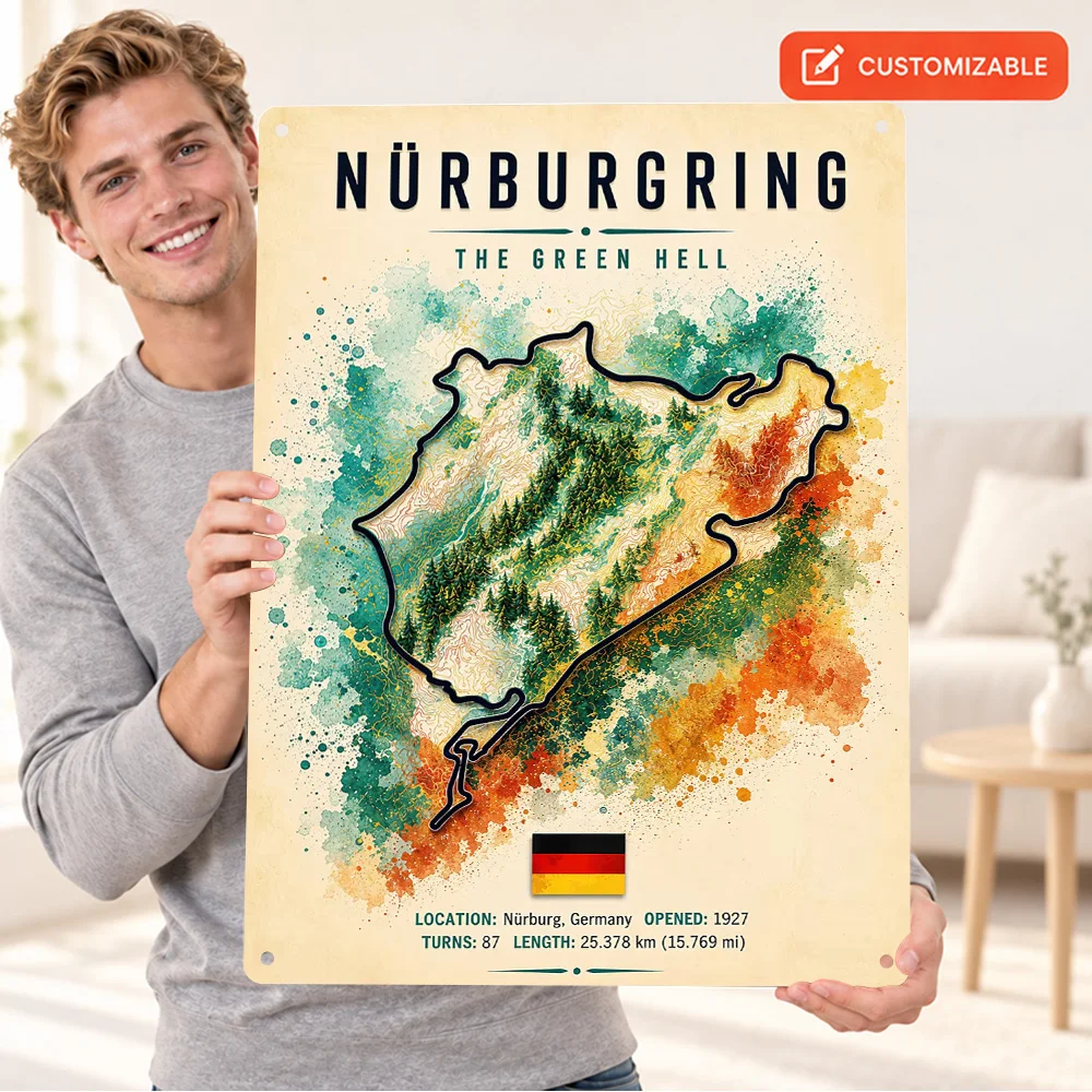 Nurburgring The Green Hell Printed Poster Personalized Aluminum Metal Sign Watercolor Style Wall Art For Racing Simulator Room