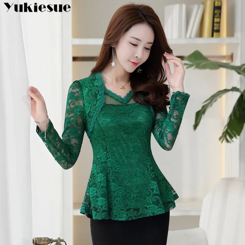 

M-4XL clothe Women clothing Elegant ruffles Lace Tops Fashion Floral Casual shirt Sexy Ladies Long sleeve lace blouse