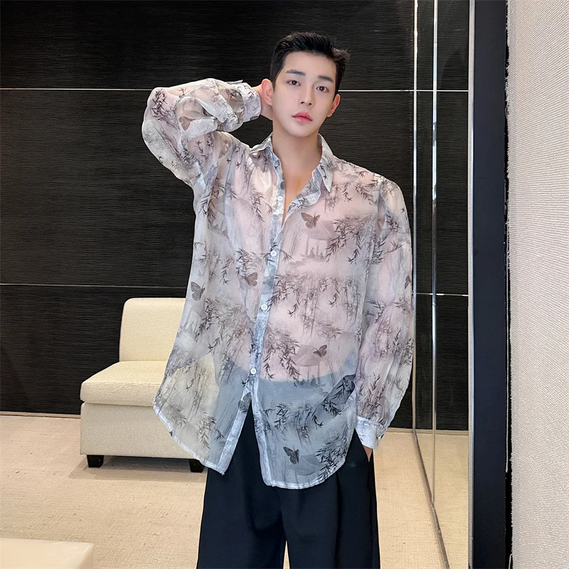 Transparent Shirt Men Fashion Printed Harajuku Shirt Top Korean Loose Casual Clothes Sun-proof Daily All-match Summer Holiday