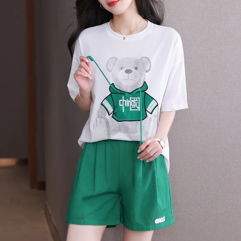 

Summer New Style Sportswear Set Casual Bear Print Short Sleeve Shorts Two-Piece Set Big Size Youthful Looking Fashionable