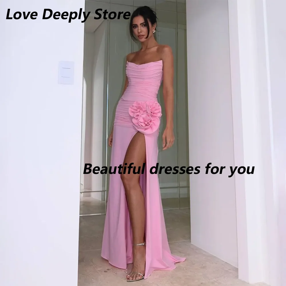 

Customized Sexy Strapless Evening Dress Pink Chiffon 3D Flowers Side Slit Prom Gowns Sleeveless Floor Length Formal Gown