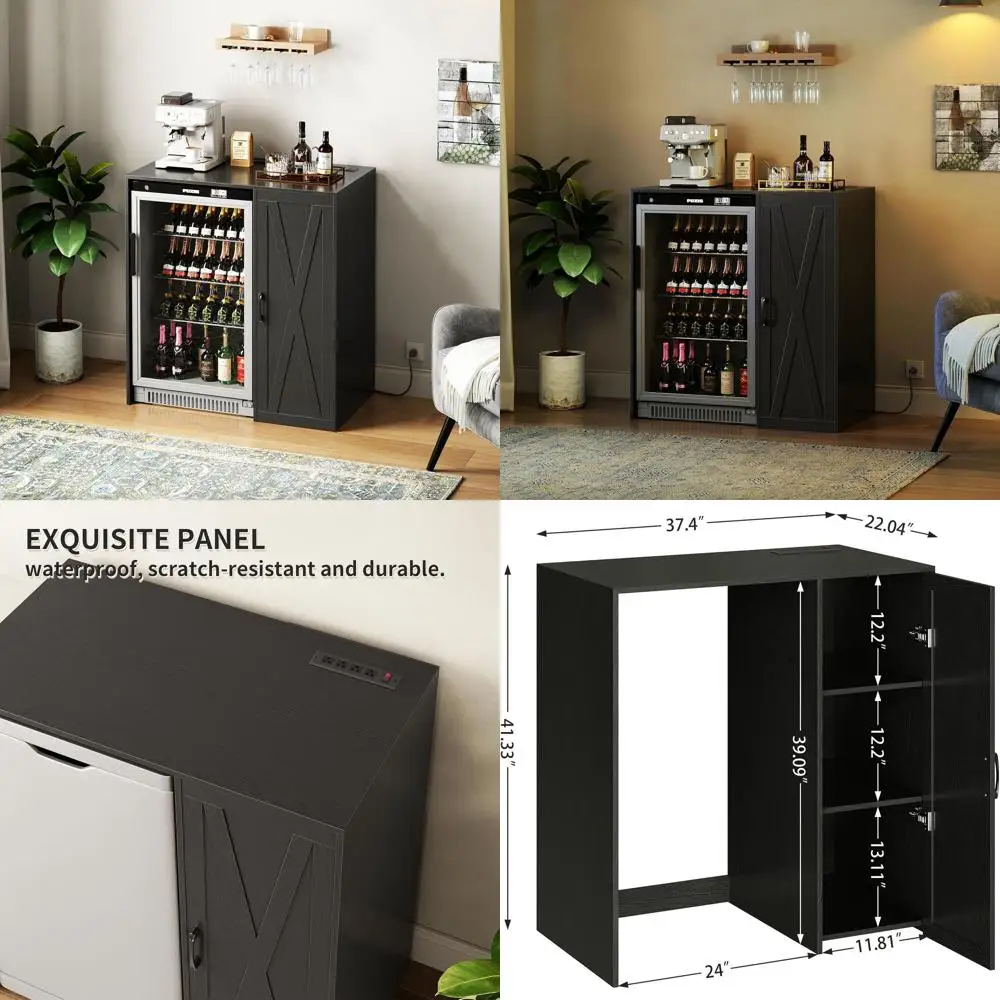 

24 Wine Rack with Storage, Coffee Bar Cabinet, 3-Tier Organizer, and Power Outlet for Kitchen or Home Bar - Black KH01MRB