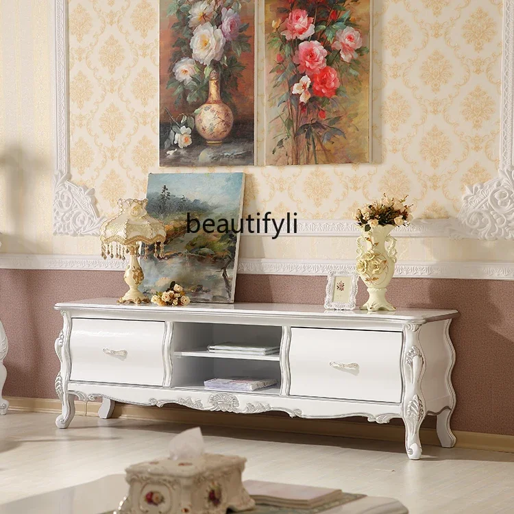 

European-Style TV Cabinet and Tea Table Combination Neoclassical Solid Wood Living Room Simple Floor Cabinet TV Cabinet