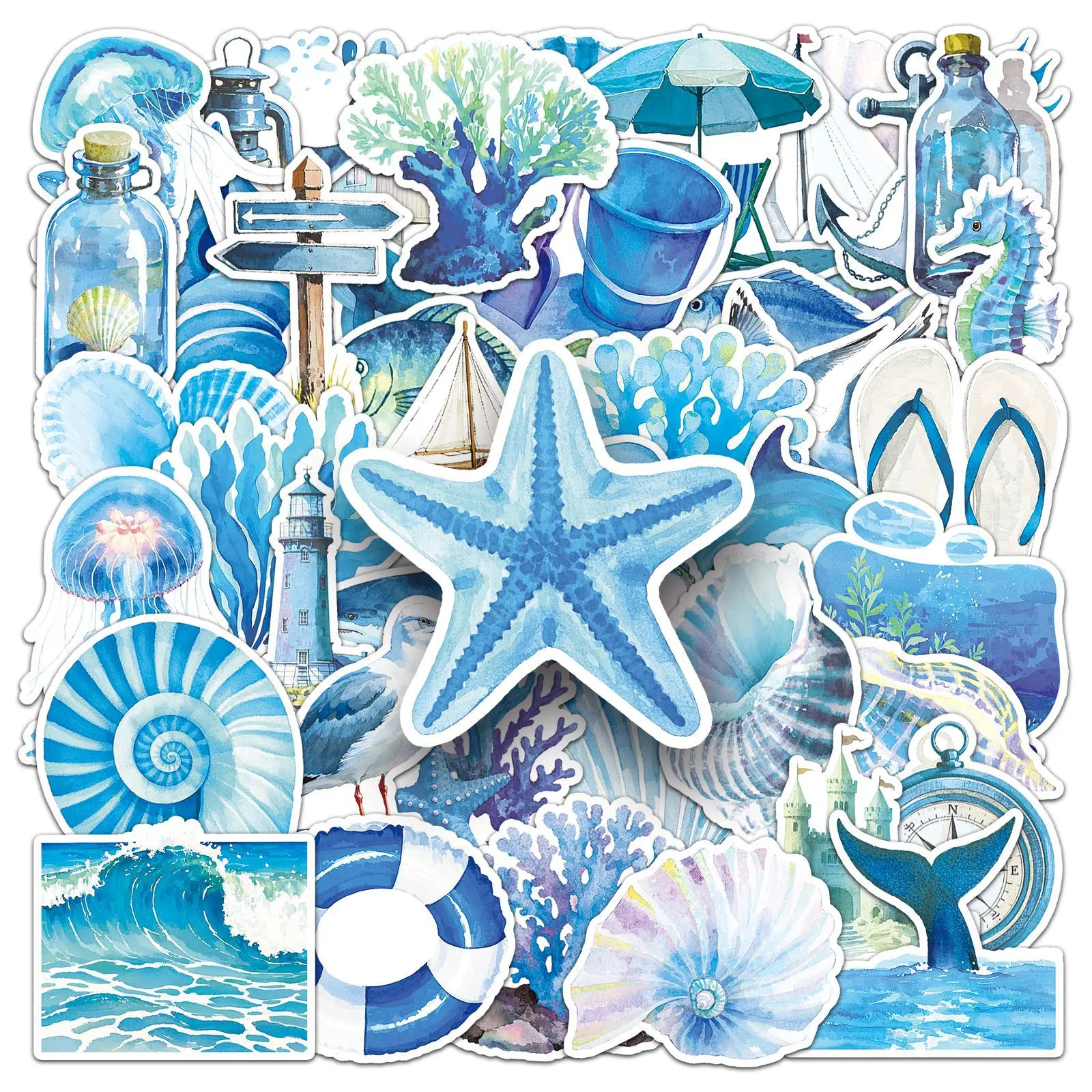 50 pçs azul oceano jogo ins estilo fresco azul oceano dos desenhos animados diy mão-porta papelaria decoração adesivos