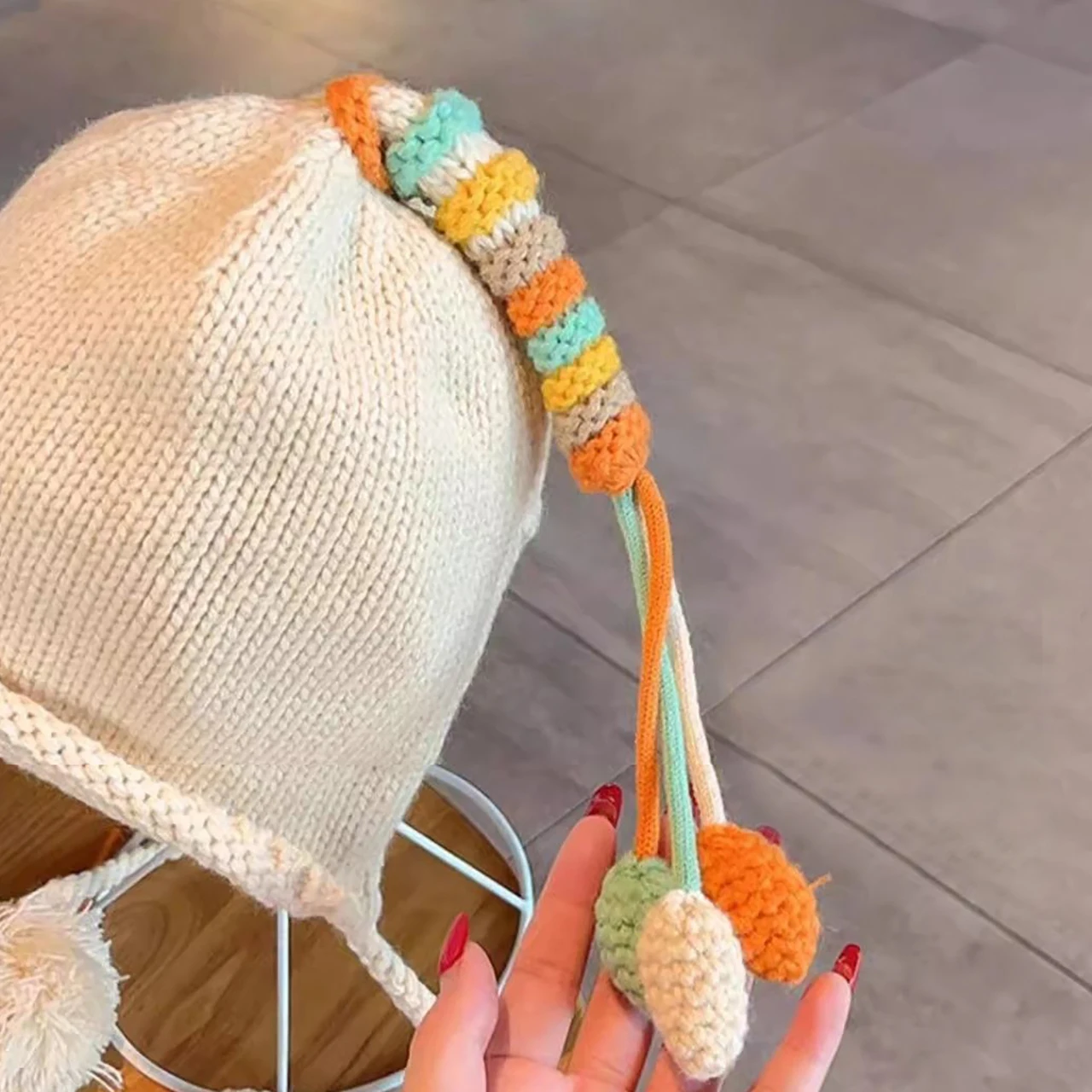 Rainbow Tail Children Ear Protection Hat Winter Warm Kids Woolen Hats Pompom Beanies 1-4Year Baby Pullover Cap Headgear Bonnet view 5