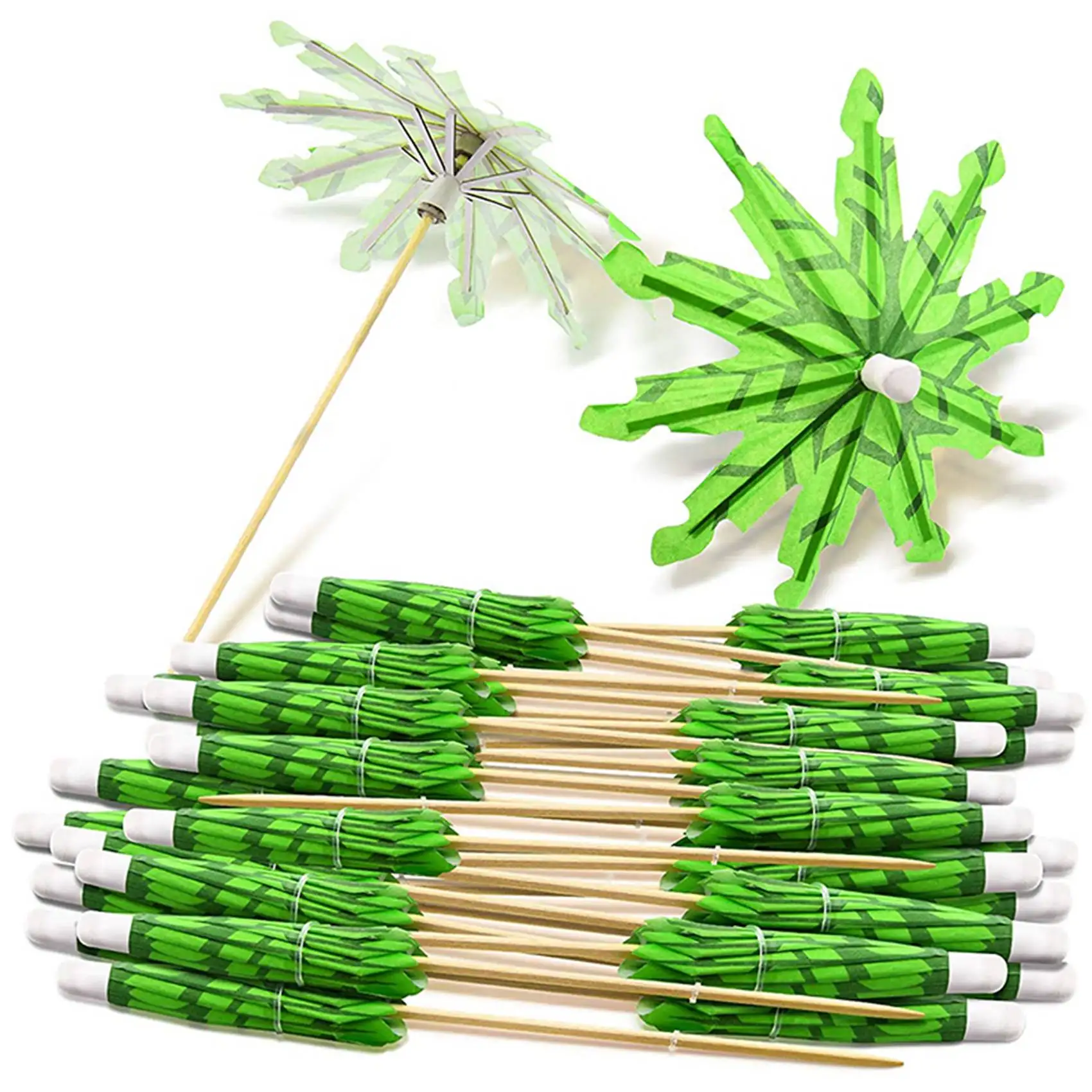 ABKJ-80X Green Coconut Tree Toothpicks Paper Umbrellas Toothpicks Handmade Cocktail Parasol Sticks For Cocktail Decorations