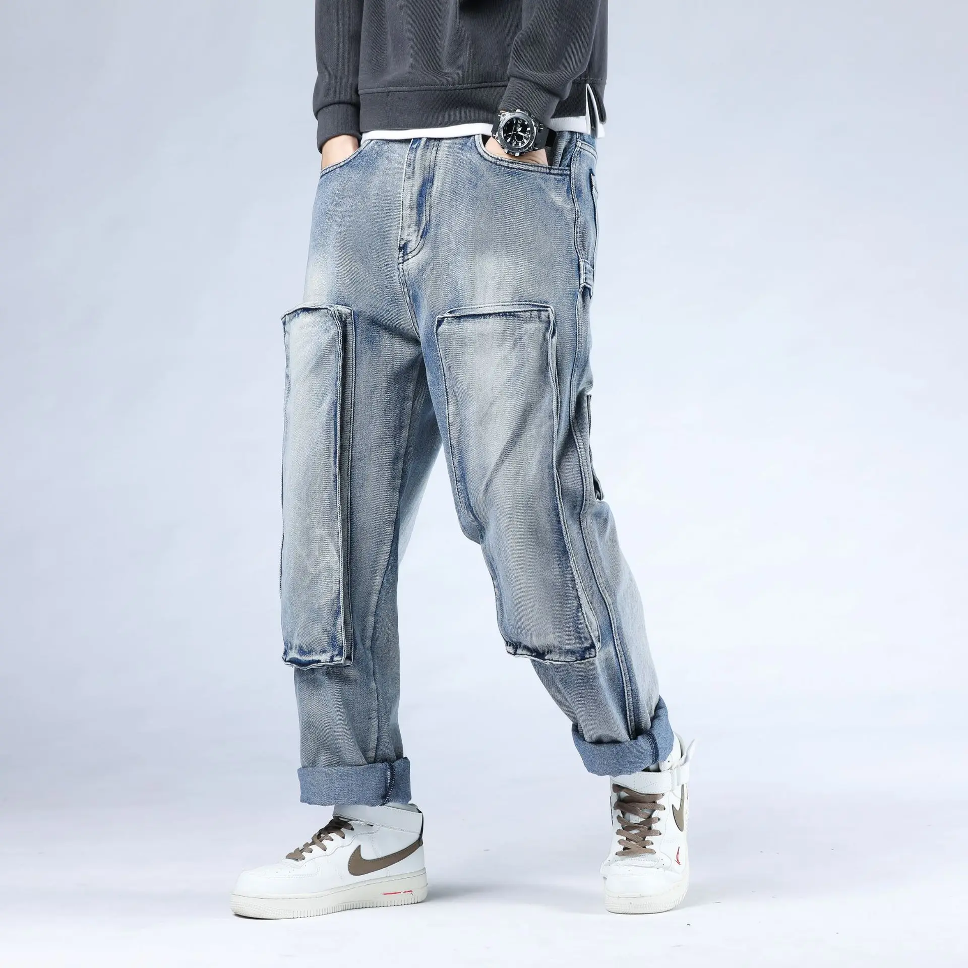 Men Straight Jeans Hip Hop High Waist Washed Denim Trousers Casual Multi Pocket Denims 2024 Streetwear Baggy Skateboard Pants