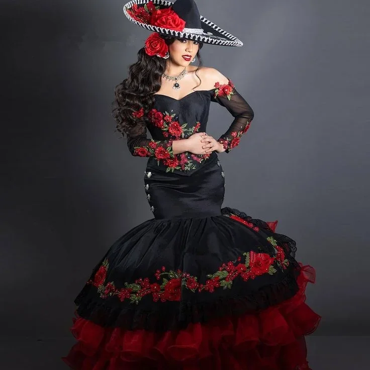 

Black Red Mermaid Evening Dresses Off Shoulder Customsized Long Sleeve Rose Applique Mariachi Suit Charro Prom Gown Outfit